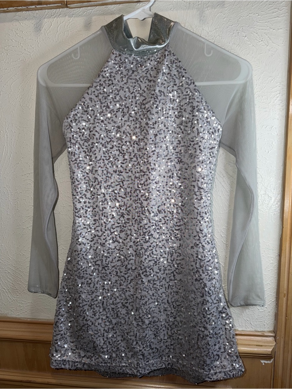 balera Silver Sequin Mesh Long Sleeve Halter Mini Dress